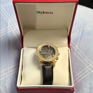 Style & Co. Gold-Tone Crystal Bezel Watch with Black Strap